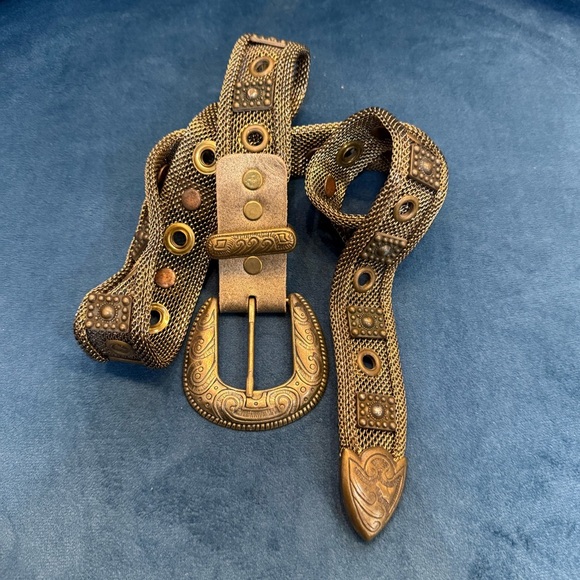 Sand Castle Vintage 80's USA Bronze Pewter Gold Color Mesh Metal Studded Belt - Picture 1 of 4